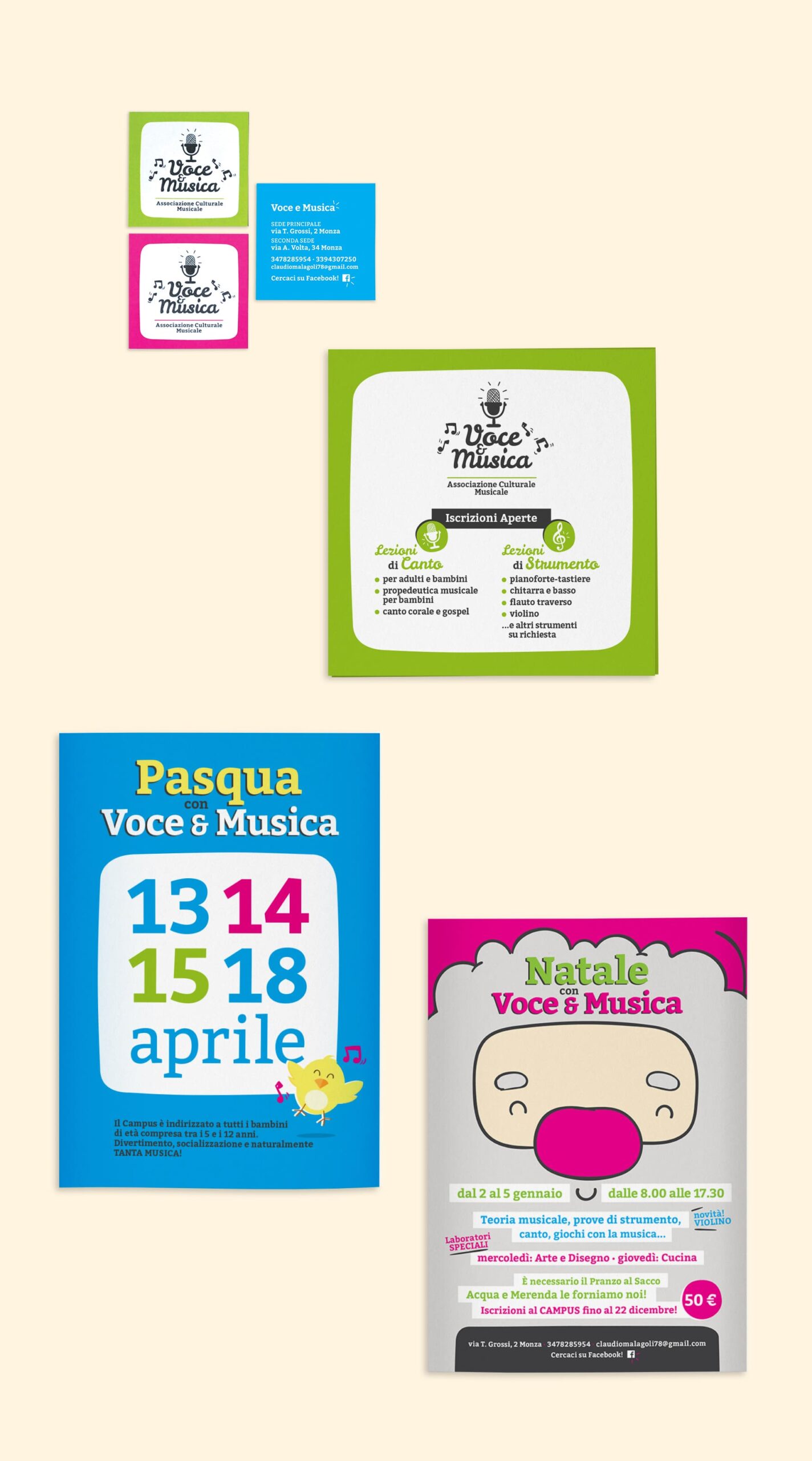 Coordinato di materiali stampati per Voce e Musica, scuola di musica per bambini: biglietti da visita e volantini