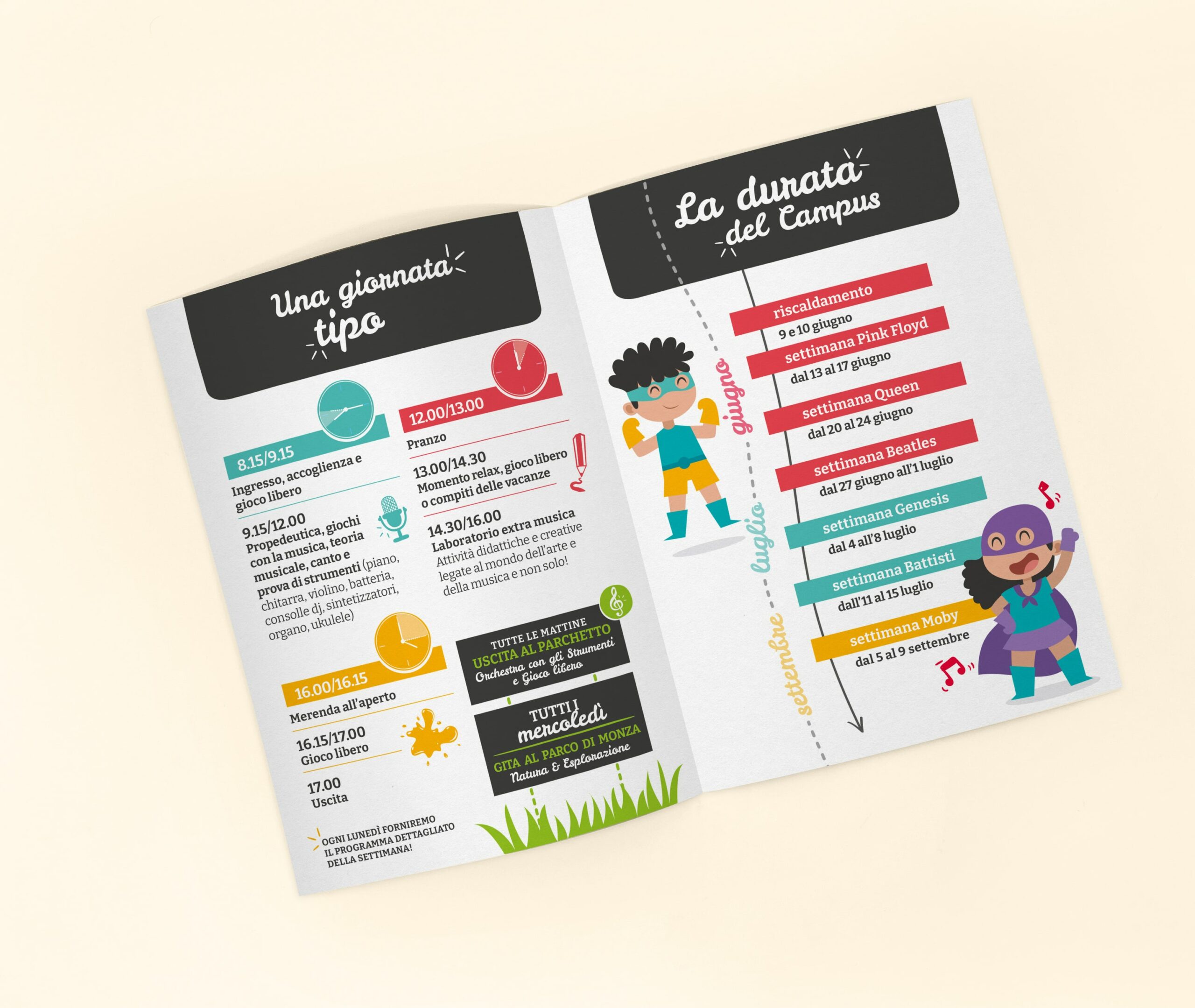 Grafica del flyer del campus estivo dell'associazione e scuola di musica per bambini